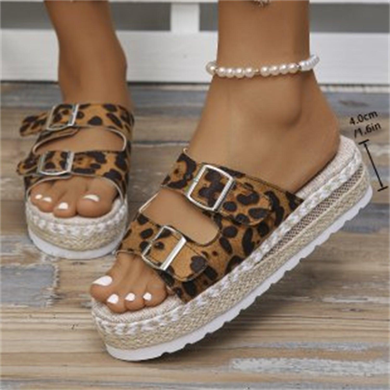 Summer Double Buckle Leopard Print Flat Sandals Hemp Thick-soled Sandals Seaside Vacation Beach Shoes For Women - fadidesign