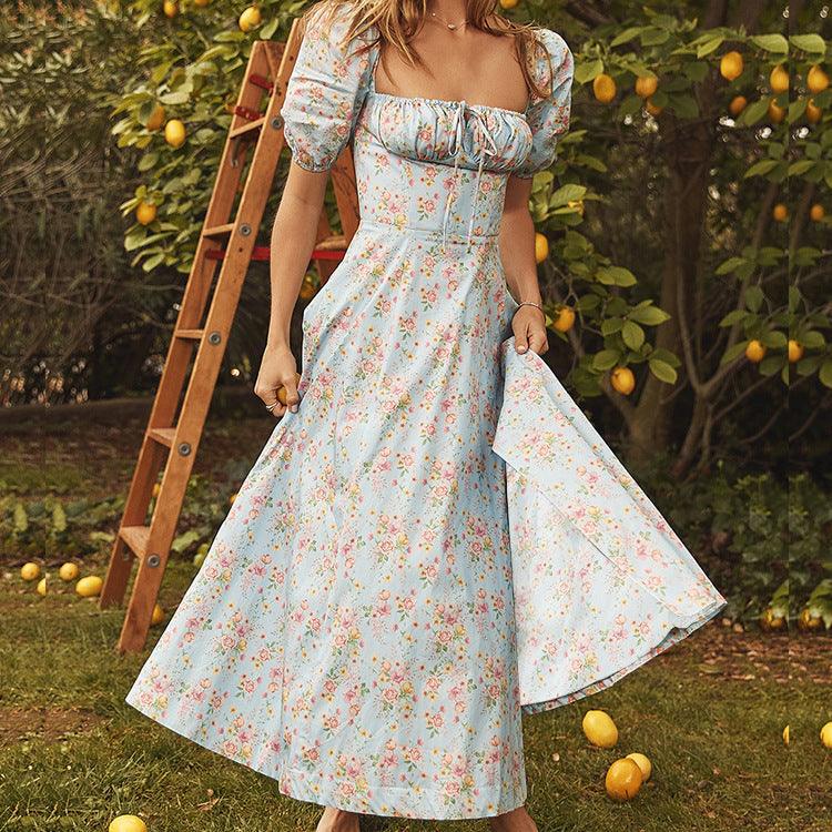 Summer Floral Print Dress Women Sexy Party Long Dresses Puff Short Sleeve - fadidesign