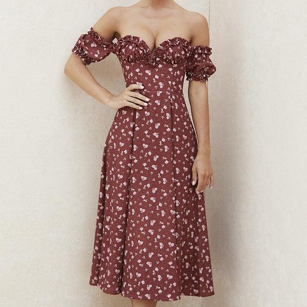 Summer Floral Print Dress Women Sexy Party Long Dresses Puff Short Sleeve - fadidesign