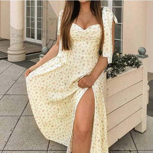 Summer Floral Print Dress Women Sexy Party Long Dresses Puff Short Sleeve - fadidesign