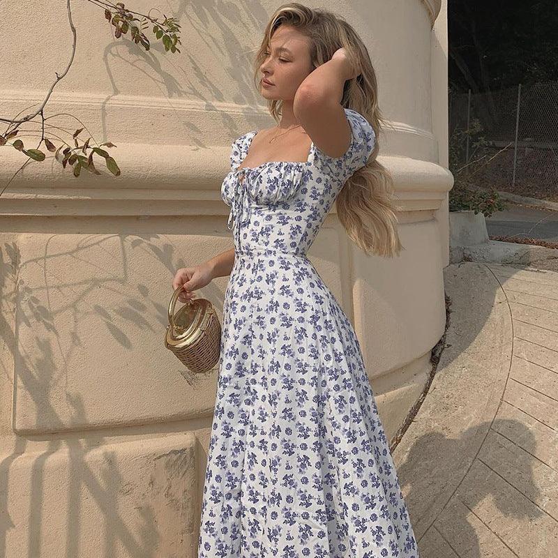 Summer Floral Print Dress Women Sexy Party Long Dresses Puff Short Sleeve - fadidesign