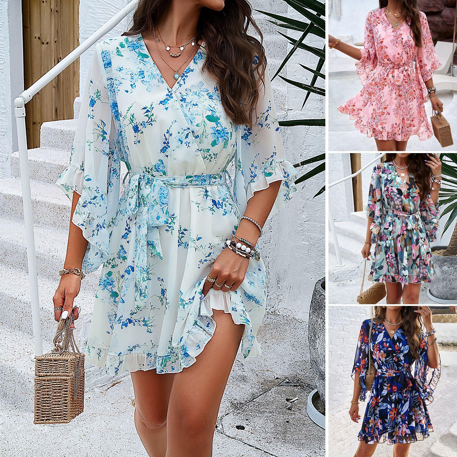 Summer Floral Print Short Sleeves Dress Lace Up Ruffles Design Fashion V-neck Short Dresses Womens Clothing - fadidesign