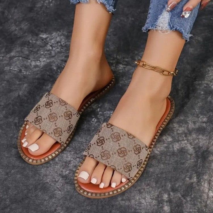 Summer Flower Print Flat Sandals For Women Non-slip Slides Slippers Vacation Casual Beach Shoes - fadidesign