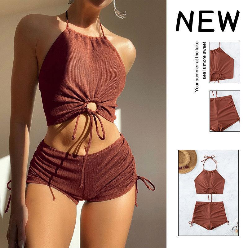 Summer Halter Neck Bikini Suit Fashion Drawstring Design Ins Style Swimsuit For Womens Clothing - fadidesign