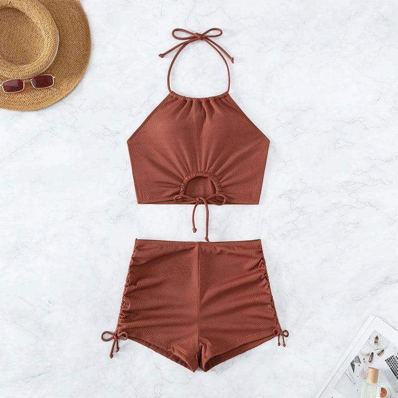 Summer Halter Neck Bikini Suit Fashion Drawstring Design Ins Style Swimsuit For Womens Clothing - fadidesign