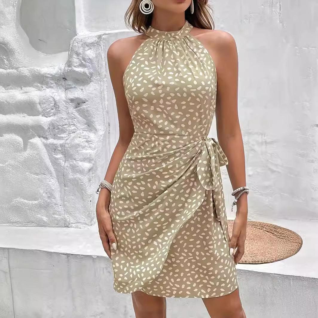 Summer Halterneck Printed Dress With Tied-waist Design Women's Shivering Dots Temperament Dress - fadidesign