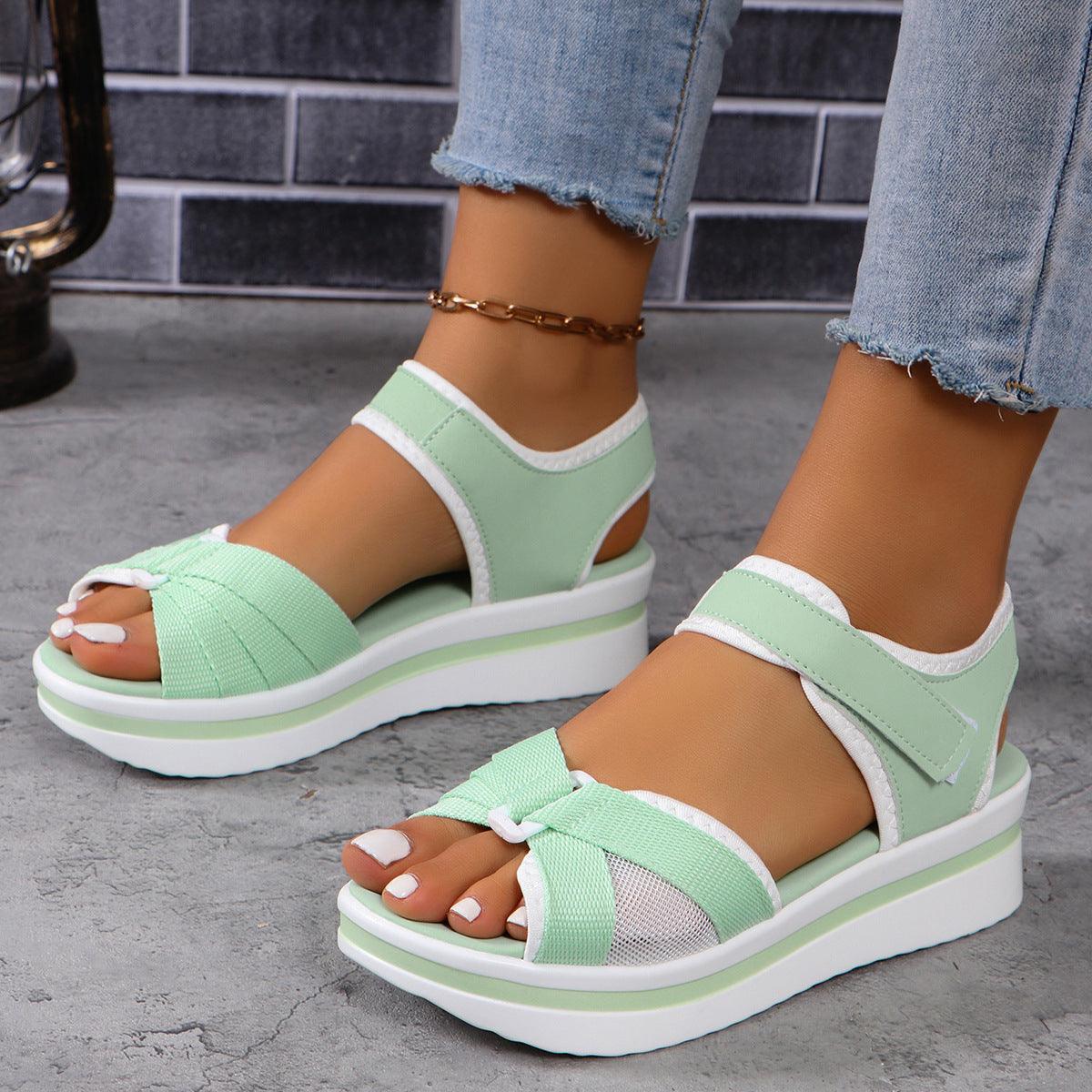 Summer Mesh Cross-strap Sandals With Velcro-design Thick Sole Flats Beach Shoes Women - fadidesign