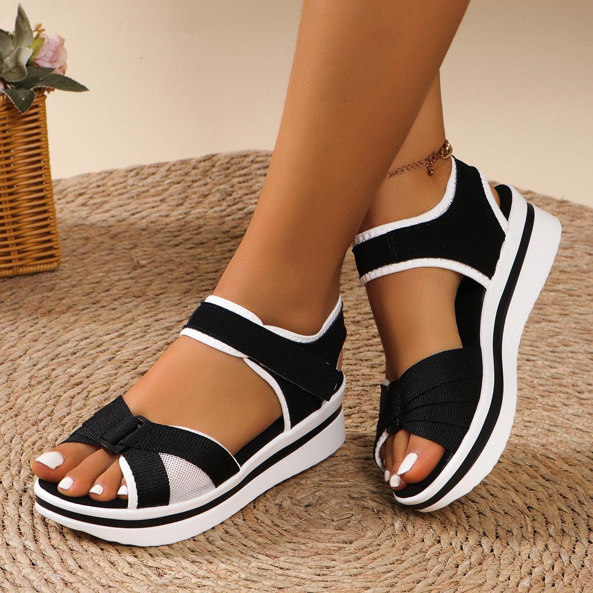 Summer Mesh Cross-strap Sandals With Velcro-design Thick Sole Flats Beach Shoes Women - fadidesign