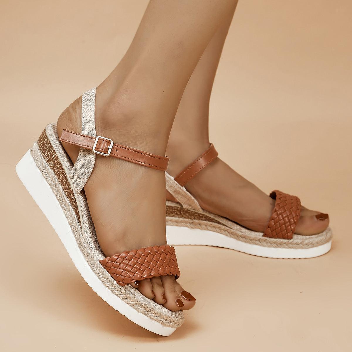 Summer Thick-soled Braided Design Sandals New Fashion Casual Linen Buckle Wedges Shoes For Women - fadidesign