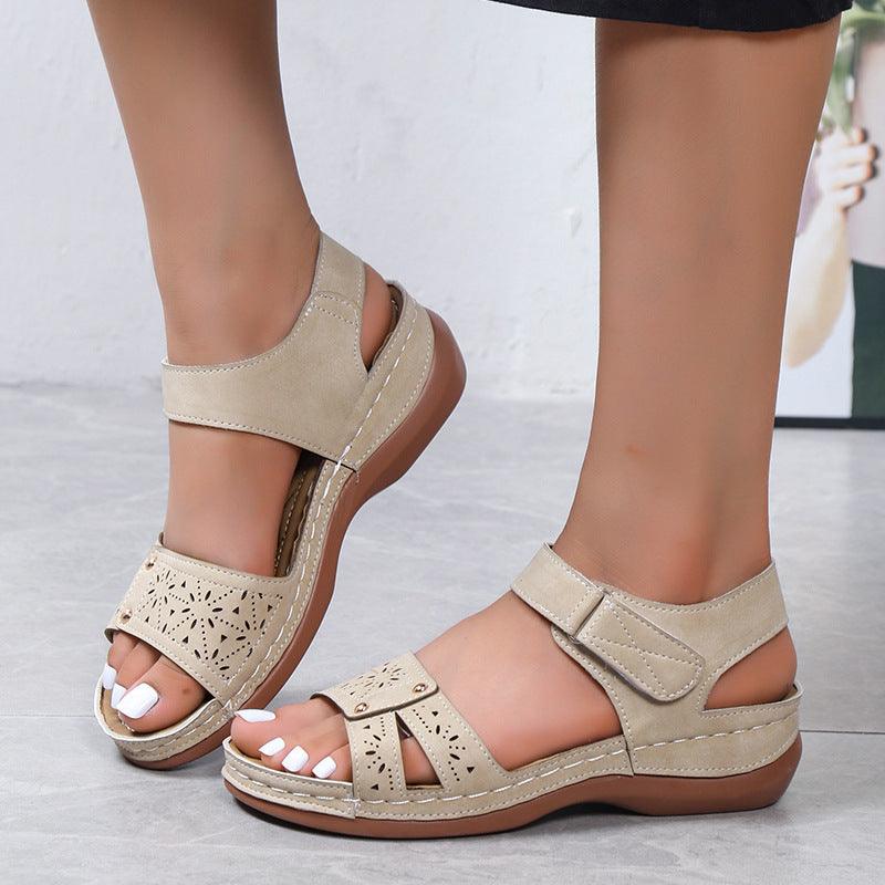 Summer Wedges Roman Sandals For Women Casual Hollow Velcro-design Beach Shoes - fadidesign