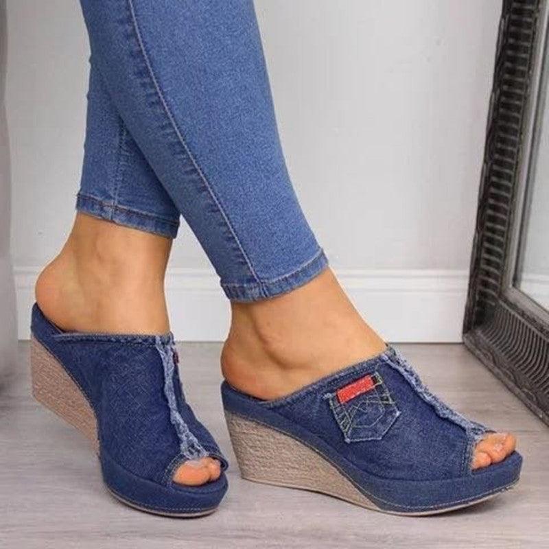 Summer Women Slippers Denim Fish Mouth Shoes Platform High-Heeled Wedge Sandals - fadidesign