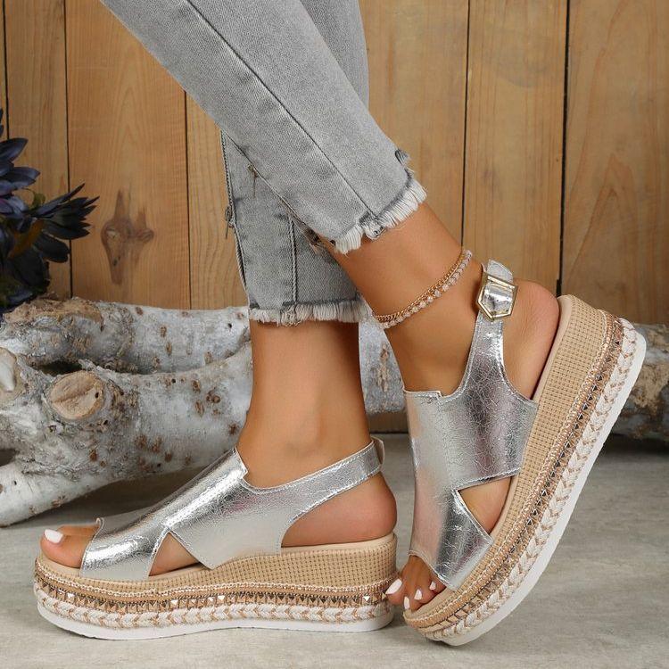 Summr Shiny Sandals Hollow Design Fish Mouth Sandal For Women Fashion Buckle Wedges Shoes - fadidesign