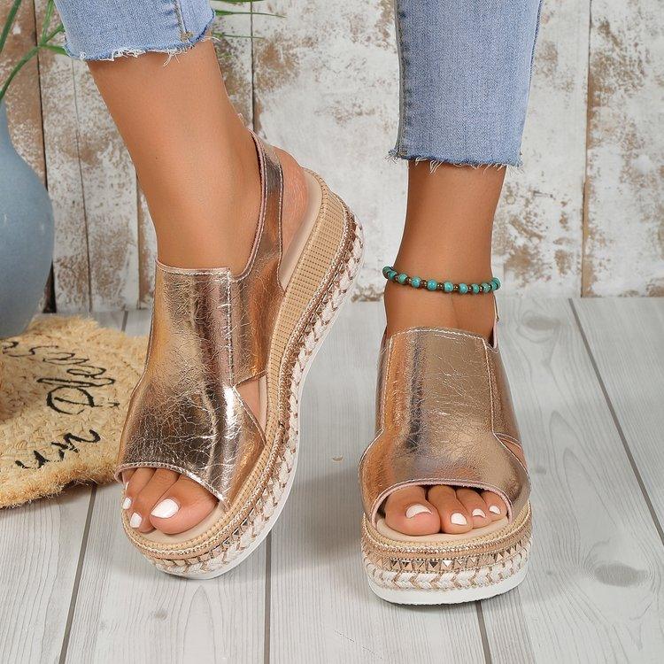 Summr Shiny Sandals Hollow Design Fish Mouth Sandal For Women Fashion Buckle Wedges Shoes - fadidesign