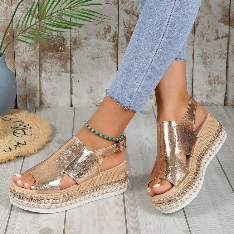 Summr Shiny Sandals Hollow Design Fish Mouth Sandal For Women Fashion Buckle Wedges Shoes - fadidesign