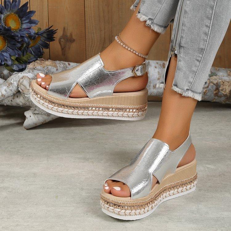 Summr Shiny Sandals Hollow Design Fish Mouth Sandal For Women Fashion Buckle Wedges Shoes - fadidesign