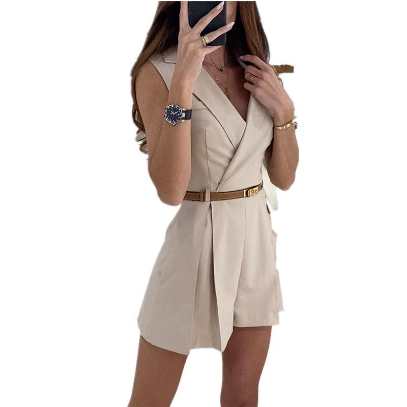 Woman wearing apricot temperament commuter suit jumpsuit with belt, urban style, sleeveless, polyester fiber fabric.