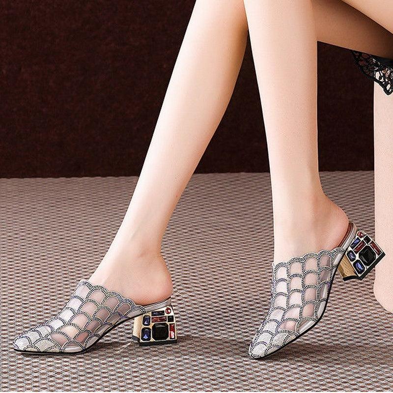 Thick Heel Baotou Sandals And Slippers Women New Mesh Hollow - fadidesign