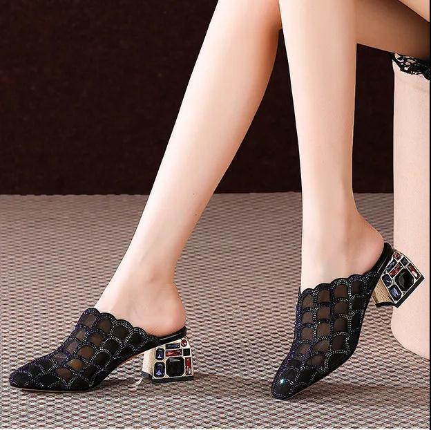 Thick Heel Baotou Sandals And Slippers Women New Mesh Hollow - fadidesign