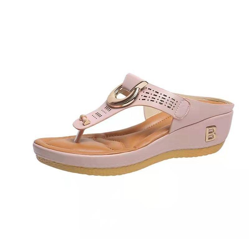 Thong Sandals Women High Heel Wedges Shoes Flip Flops Metal Decorative Slides Slippers - fadidesign