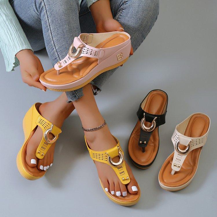 Thong Sandals Women High Heel Wedges Shoes Flip Flops Metal Decorative Slides Slippers - fadidesign