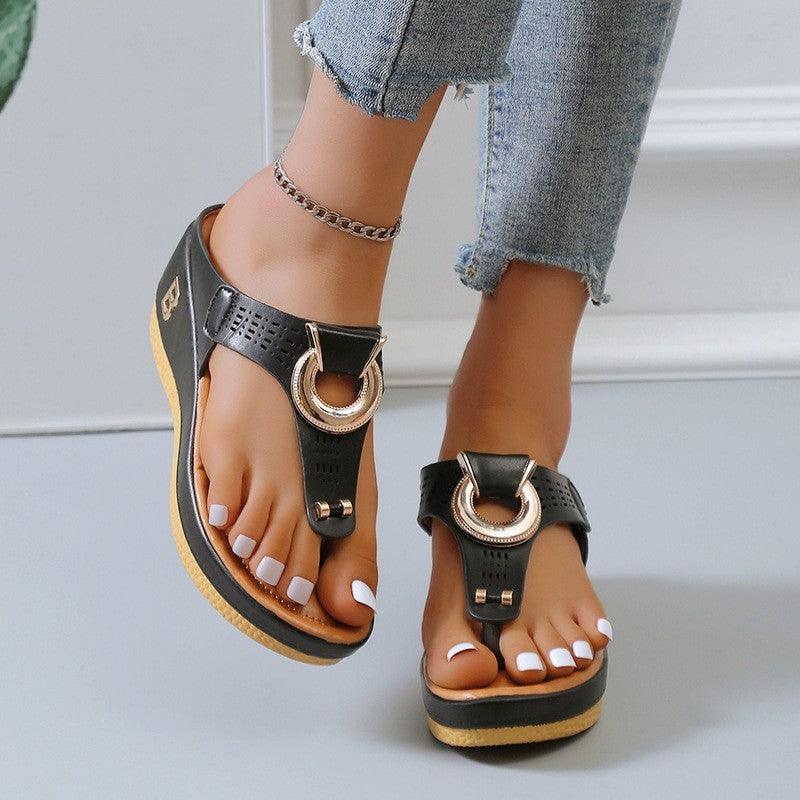 Thong Sandals Women High Heel Wedges Shoes Flip Flops Metal Decorative Slides Slippers - fadidesign