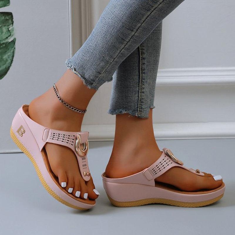 Thong Sandals Women High Heel Wedges Shoes Flip Flops Metal Decorative Slides Slippers - fadidesign