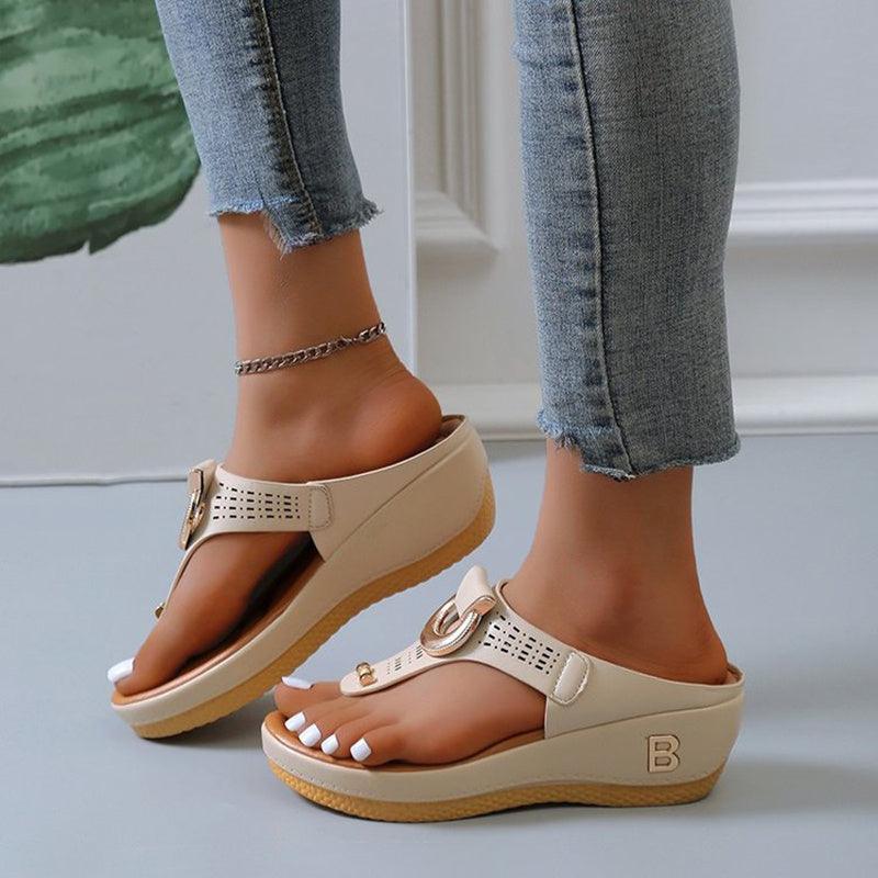 Thong Sandals Women High Heel Wedges Shoes Flip Flops Metal Decorative Slides Slippers - fadidesign