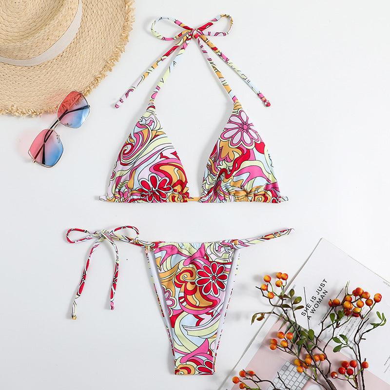 Triangle Printed Bikini For Women With Separate System And Hanging Neck Swimsuit - fadidesign