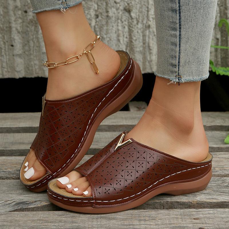 V Letter Slippers Women Wedges Sandals Summer Roman Shoes - fadidesign