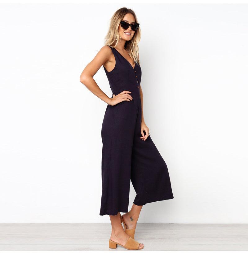 V-neck button backless jumpsuit - fadidesign