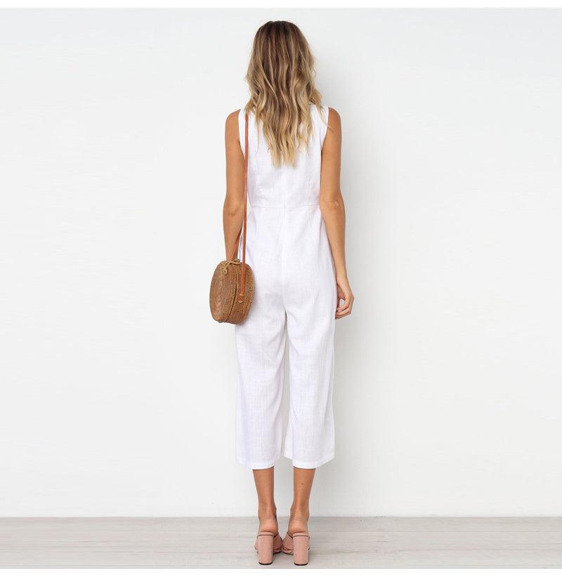 V-neck button backless jumpsuit - fadidesign