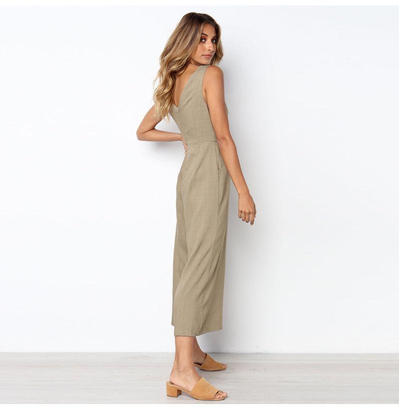 V-neck button backless jumpsuit - fadidesign