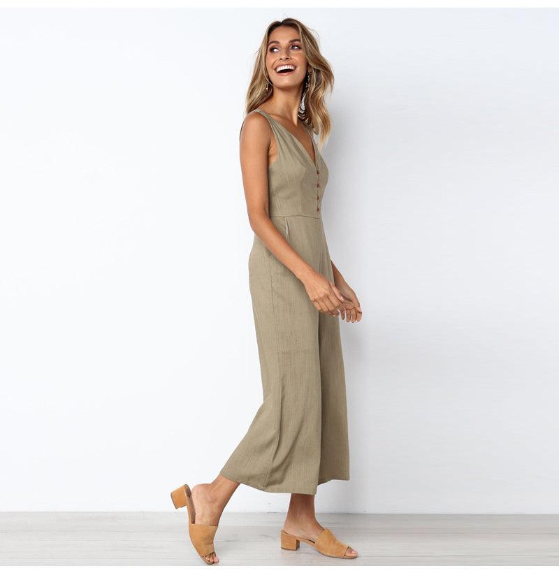 V-neck button backless jumpsuit - fadidesign