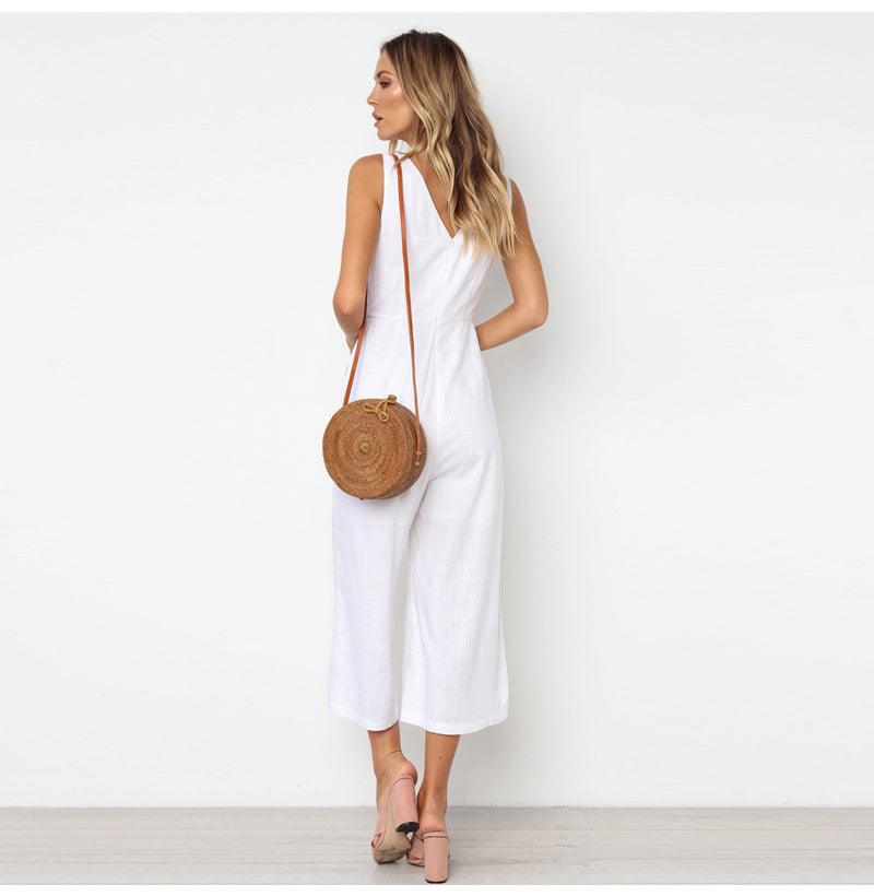 V-neck button backless jumpsuit - fadidesign