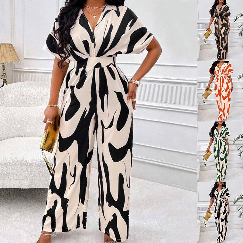 V-neck Loose Printed Long Jumpsuit - fadidesign