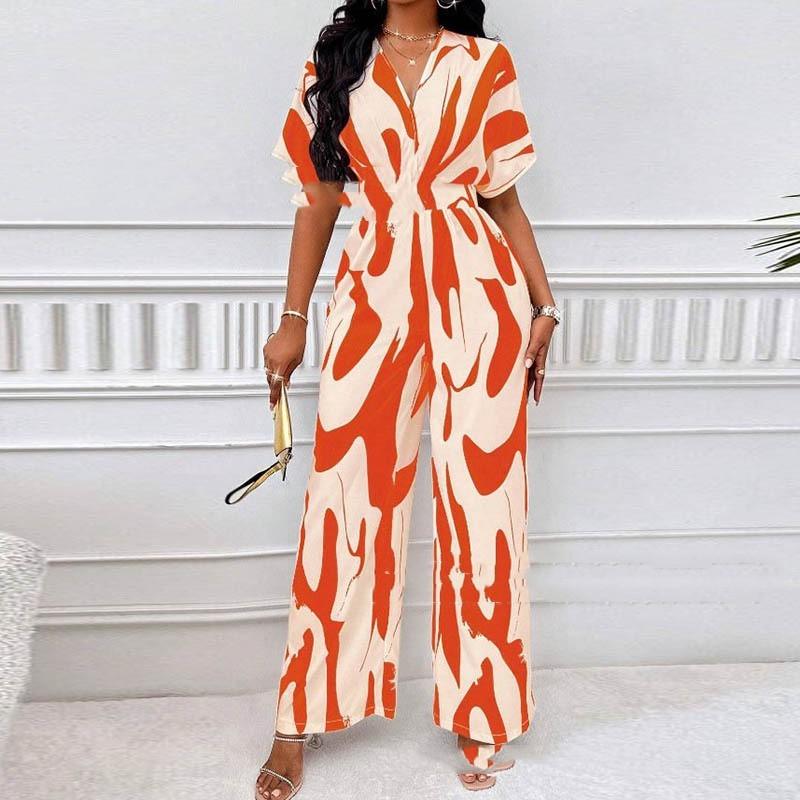 V-neck Loose Printed Long Jumpsuit - fadidesign