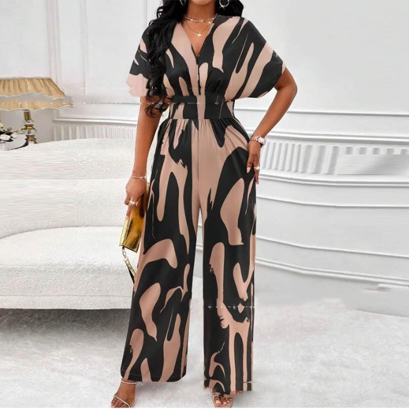 V-neck Loose Printed Long Jumpsuit - fadidesign