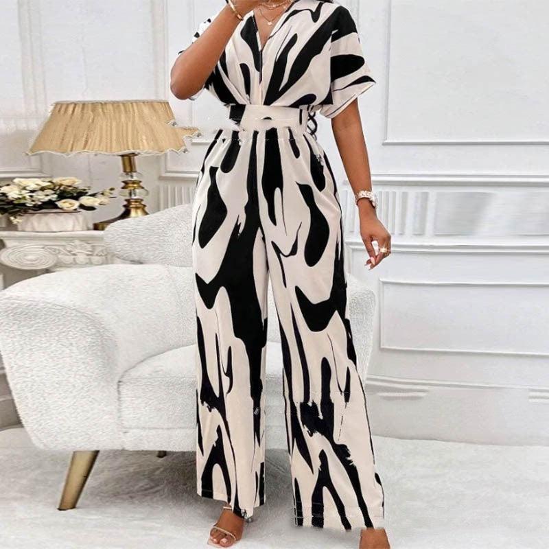 V-neck Loose Printed Long Jumpsuit - fadidesign