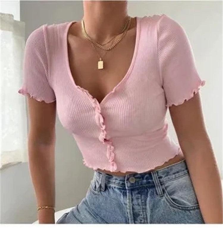 V Neck Ruffles Short Sleeve T Shirt Women Summer Casual Button Crop Top Basic Blue T Shirt Tops - fadidesign