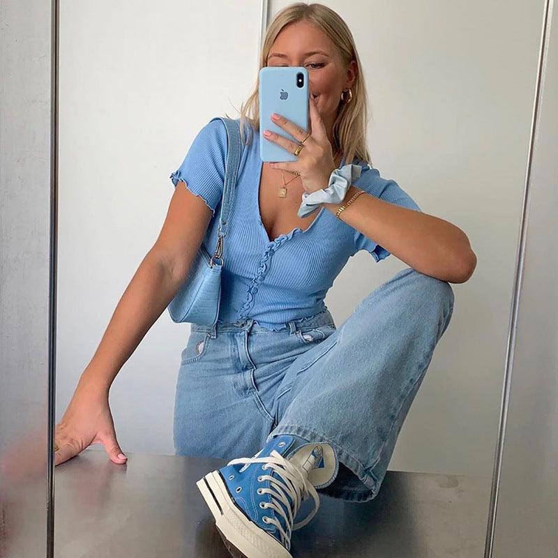 V Neck Ruffles Short Sleeve T Shirt Women Summer Casual Button Crop Top Basic Blue T Shirt Tops - fadidesign