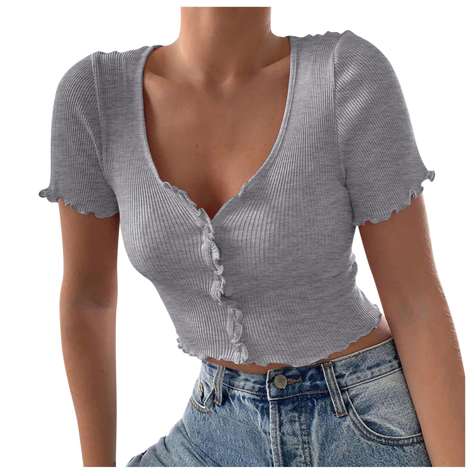 V Neck Ruffles Short Sleeve T Shirt Women Summer Casual Button Crop Top Basic Blue T Shirt Tops - fadidesign