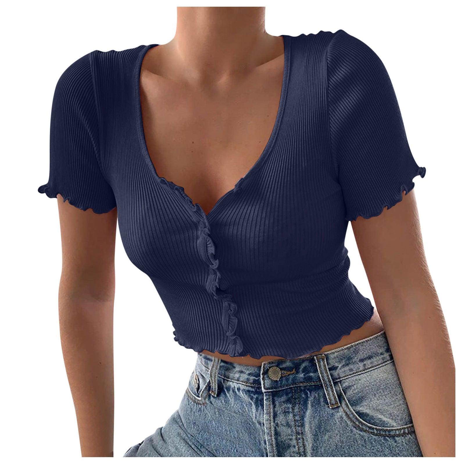 V Neck Ruffles Short Sleeve T Shirt Women Summer Casual Button Crop Top Basic Blue T Shirt Tops - fadidesign