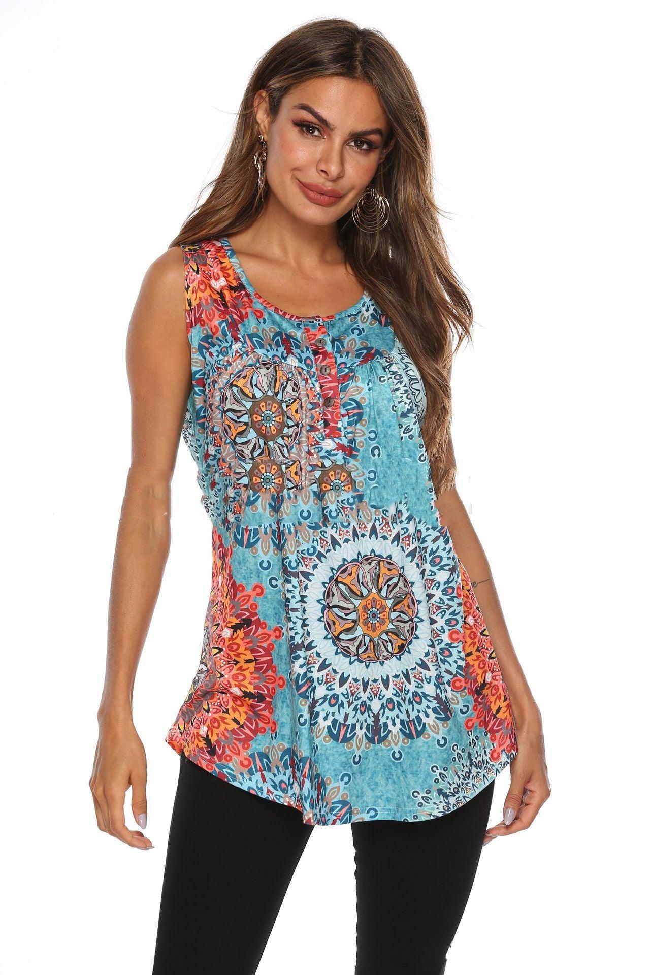 V-Neck Sleeveless Vest With Printed Buttons - fadidesign