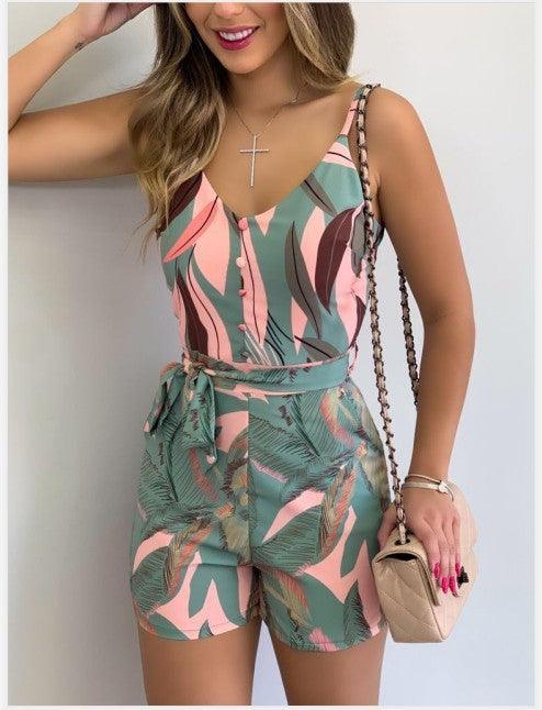 V neck Sling Print Striped Tie Jumpsuit - fadidesign