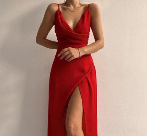 V-neck Slip Dress Low Cut Printed Slit Dress - fadidesign