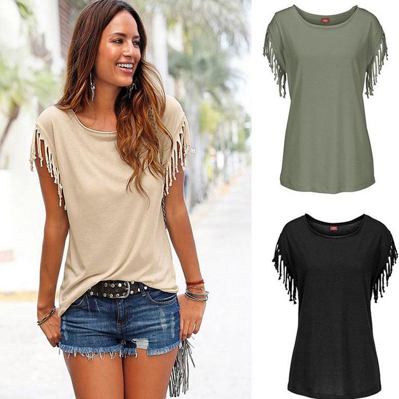 Wish quick sale eBay ladies Europe and America big size round neck short sleeve cuffs tassel T-shirt cotton tops - fadidesign