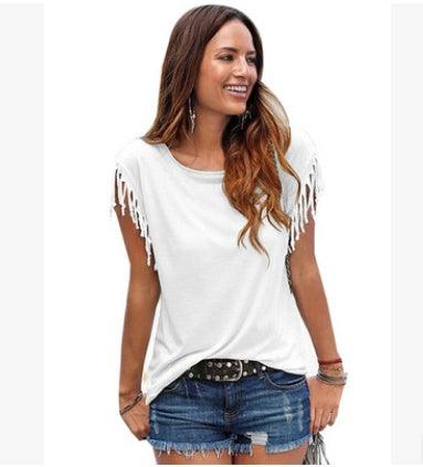 Wish quick sale eBay ladies Europe and America big size round neck short sleeve cuffs tassel T-shirt cotton tops - fadidesign