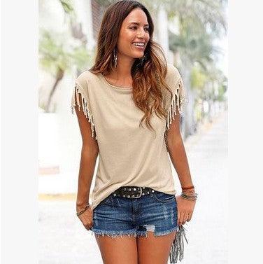 Wish quick sale eBay ladies Europe and America big size round neck short sleeve cuffs tassel T-shirt cotton tops - fadidesign