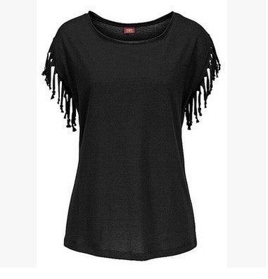 Wish quick sale eBay ladies Europe and America big size round neck short sleeve cuffs tassel T-shirt cotton tops - fadidesign