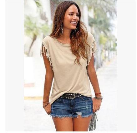 Wish quick sale eBay ladies Europe and America big size round neck short sleeve cuffs tassel T-shirt cotton tops - fadidesign